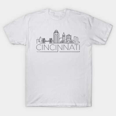 White T-shirt featuring black Cincinnati skyline design, casual style, ideal for city enthusiasts and comfortable wear.