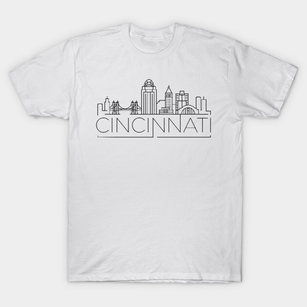 White T-shirt featuring black Cincinnati skyline design, casual style, ideal for city enthusiasts and comfortable wear.