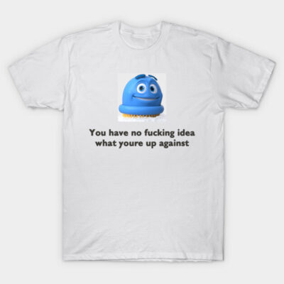 White T-shirt with blue cartoon character and bold text, casual style, perfect for everyday wear.