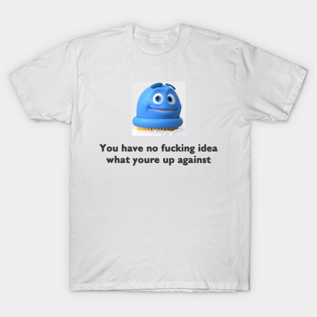 White T-shirt with blue cartoon character and bold text, casual style, perfect for everyday wear.