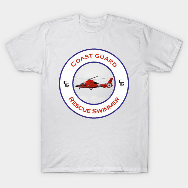 White Coast Guard rescue swimmer t-shirt featuring red helicopter graphic, perfect for casual wear.