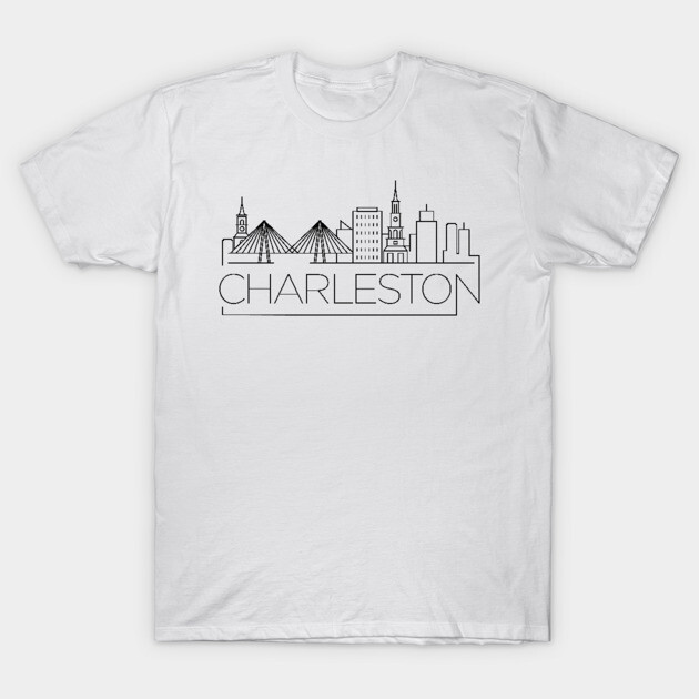 White Charleston skyline t-shirt, casual style, featuring minimalist cityscape design, perfect for everyday wear.