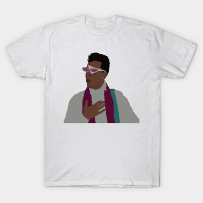 White t-shirt with colorful abstract design, featuring a person in sunglasses and scarf, casual style, cotton fabric.