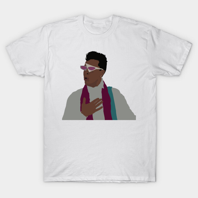 White t-shirt with colorful abstract design, featuring a person in sunglasses and scarf, casual style, cotton fabric.