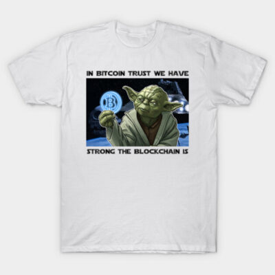 White t-shirt featuring green alien holding Bitcoin symbol, text "In Bitcoin Trust We Have." Sci-fi and cryptocurrency theme.