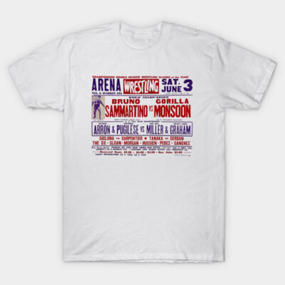 White wrestling event graphic t-shirt, vintage style, 100% cotton, casual wear, unisex, featuring bold text design.