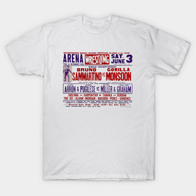 White wrestling event graphic t-shirt, vintage style, 100% cotton, casual wear, unisex, featuring bold text design.