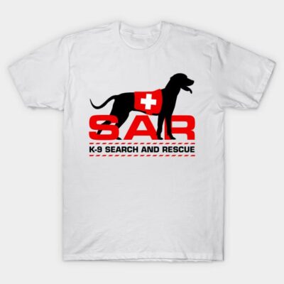 White K-9 Search and Rescue T-shirt featuring black dog silhouette and red SAR logo, cotton material, unisex style.