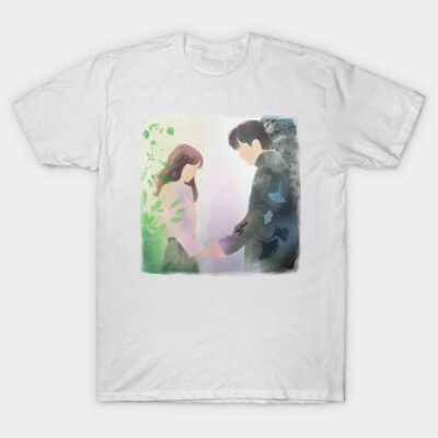 White t-shirt with abstract art of two figures holding hands, featuring green and blue accents, casual wear.