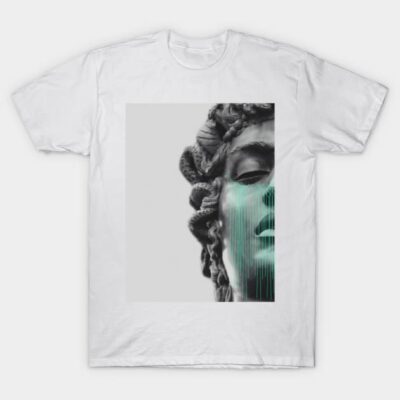 White cotton T-shirt with abstract statue design, modern art style, perfect for casual wear.