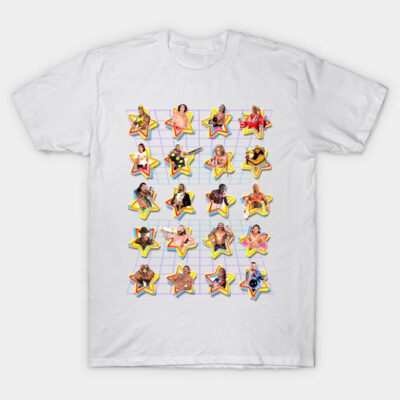 White unisex t-shirt featuring colorful star graphics with various figures, made from 100% cotton for casual wear.