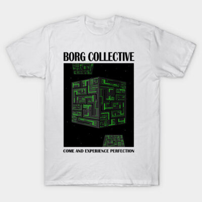 White t-shirt with Borg Collective design, featuring futuristic green cube graphic. Ideal for sci-fi fans. Cotton material.