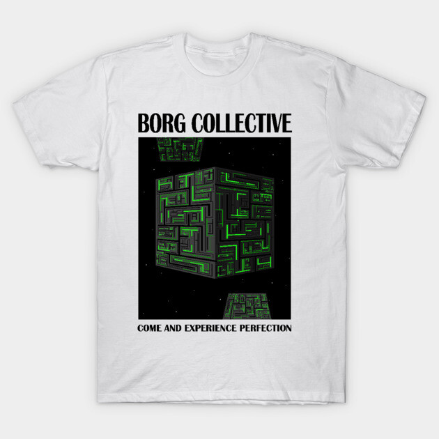 White t-shirt with Borg Collective design, featuring futuristic green cube graphic. Ideal for sci-fi fans. Cotton material.