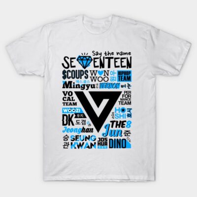 White graphic t-shirt with black and blue Seventeen-themed typography and symbols, casual cotton material.