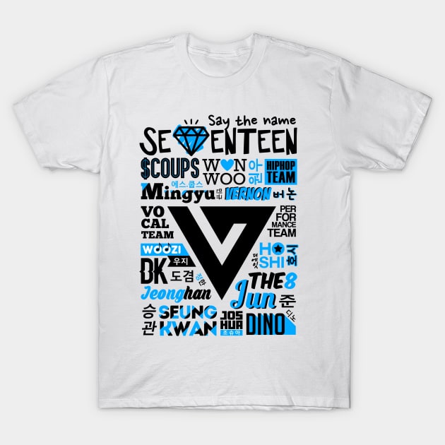 White graphic t-shirt with black and blue Seventeen-themed typography and symbols, casual cotton material.