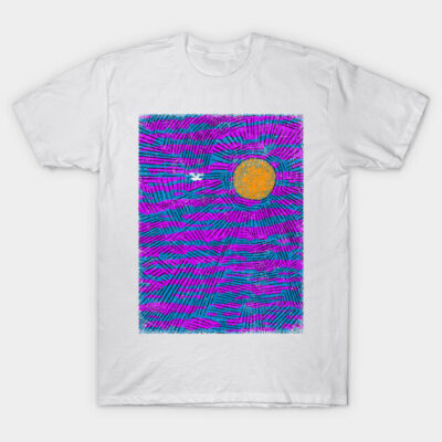 White cotton T-shirt with vibrant abstract design in purple, blue, and orange. Ideal for casual wear.