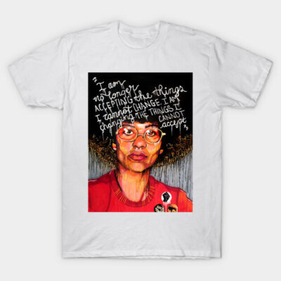 White t-shirt with colorful abstract art and motivational quote, perfect for casual wear and self-expression.