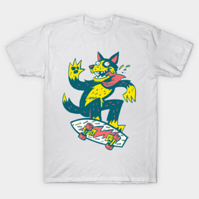 White t-shirt with colorful cartoon cat skateboarding graphic, casual style, cotton material, unisex design.