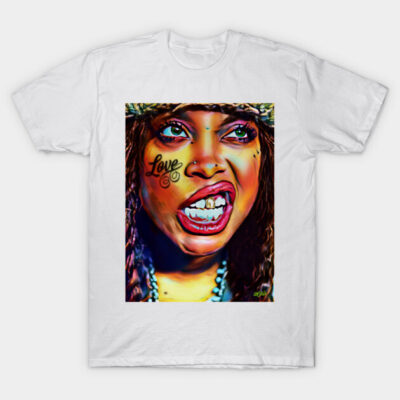 White t-shirt featuring a colorful, artistic face illustration with "Love" text, casual wear, 100% cotton material.
