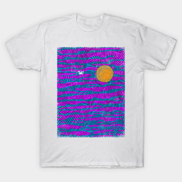 White cotton T-shirt with vibrant abstract design in purple, blue, and orange. Ideal for casual wear.