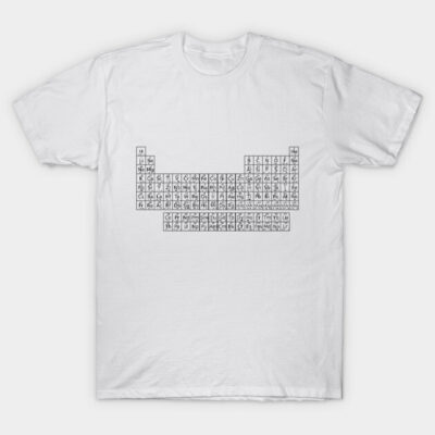 White cotton T-shirt with black periodic table print, casual style, unisex, ideal for science enthusiasts.