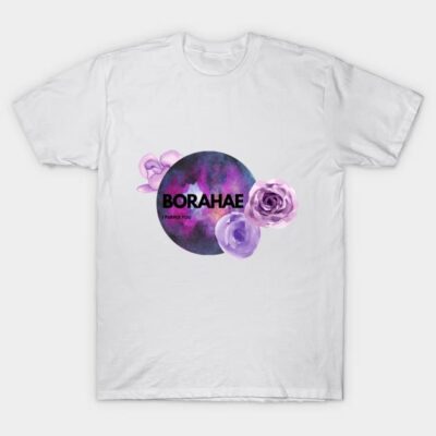 White t-shirt with purple floral graphic and "Borahae" text, casual style, soft cotton fabric, unisex design.