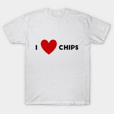White cotton t-shirt with "I Love Chips" text and red heart graphic, casual wear, unisex style.
