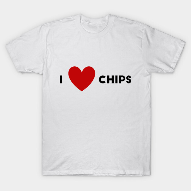 White cotton t-shirt with "I Love Chips" text and red heart graphic, casual wear, unisex style.