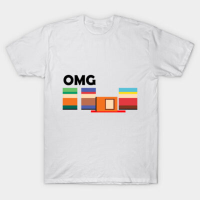 White t-shirt with colorful geometric graphic and "OMG" text, casual style, 100% cotton, unisex.