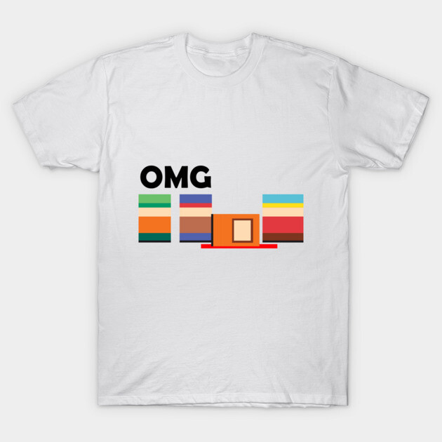 White t-shirt with colorful geometric graphic and "OMG" text, casual style, 100% cotton, unisex.