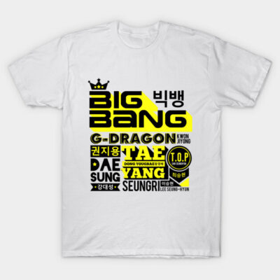White cotton t-shirt with bold black and yellow text design, featuring various names and graphic elements.