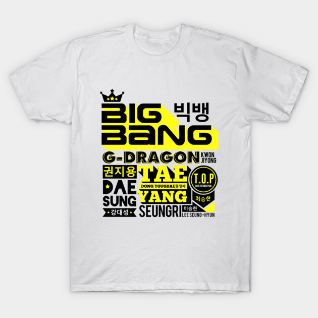 White cotton t-shirt with bold black and yellow text design, featuring various names and graphic elements.
