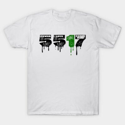 White graphic t-shirt with black and green numbers design, casual style, unisex cotton material.