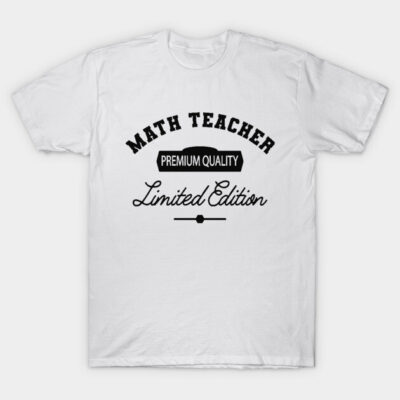 White graphic t-shirt, "Math Teacher" design, premium quality, limited edition style, perfect for educators.