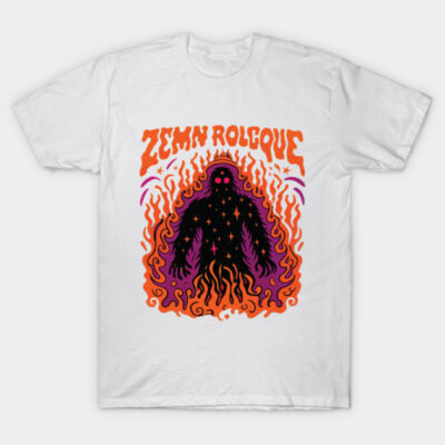 White cotton t-shirt with vibrant abstract flame and figure graphic, perfect for casual wear.