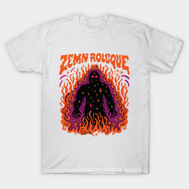 White cotton t-shirt with vibrant abstract flame and figure graphic, perfect for casual wear.