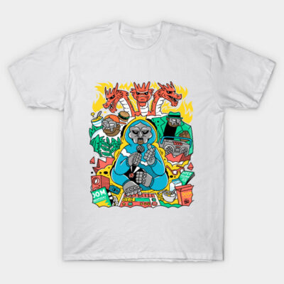 White cotton t-shirt with colorful graphic design featuring abstract shapes and characters, casual style.