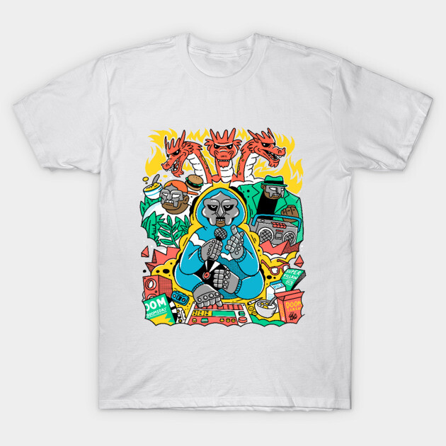 White cotton t-shirt with colorful graphic design featuring abstract shapes and characters, casual style.
