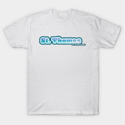 White "St. Thomas U.S. Virgin Islands" T-shirt, casual style, short-sleeve, soft cotton fabric, blue text design.