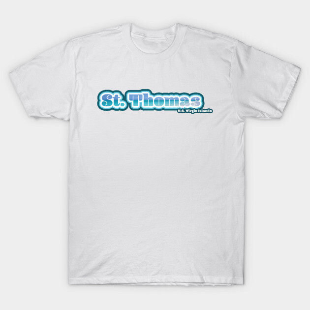 White "St. Thomas U.S. Virgin Islands" T-shirt, casual style, short-sleeve, soft cotton fabric, blue text design.