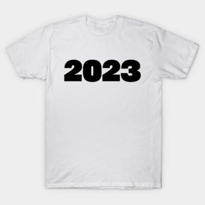 White cotton t-shirt with bold "2023" print, casual style, perfect for everyday wear or gifting.