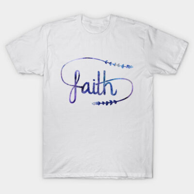 White T-shirt with "faith" script design in blue gradient, casual style, cotton material, inspirational theme.
