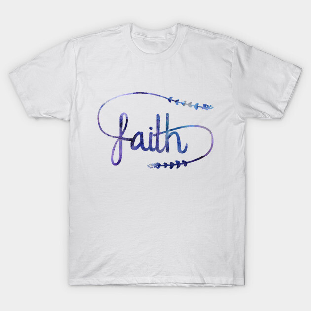 White T-shirt with "faith" script design in blue gradient, casual style, cotton material, inspirational theme.