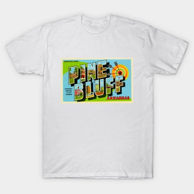 White T-shirt featuring colorful Pine Bluff Arkansas graphic print, casual style, perfect for everyday wear.