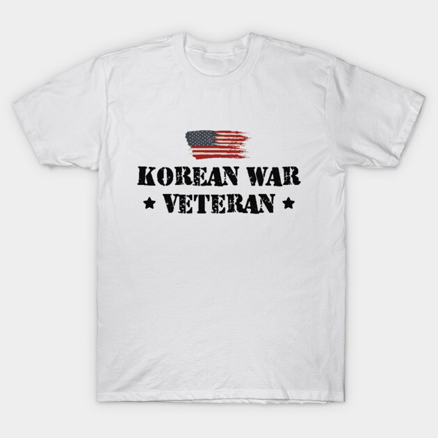 White "Korean War Veteran" T-shirt with distressed American flag design, cotton material, casual wear.