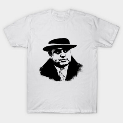 White t-shirt with black graphic print of a man in a hat, casual style, 100% cotton, unisex design, comfortable fit.