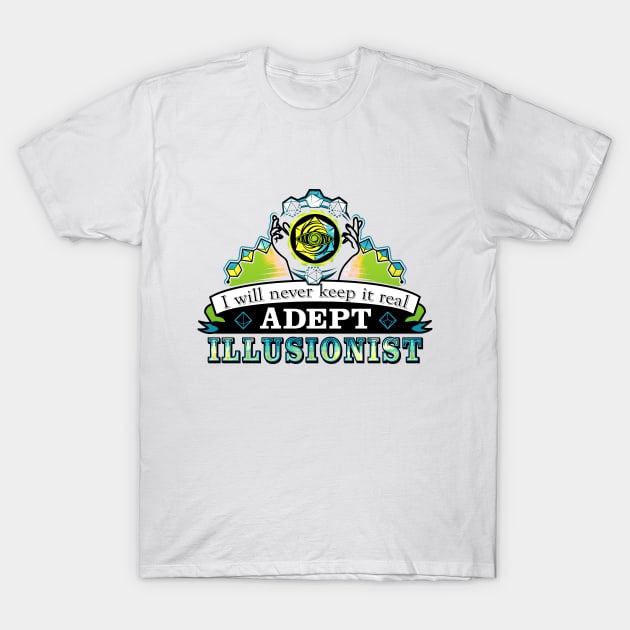 White "Adept Illusionist" T-shirt with colorful design, perfect for casual wear and made from soft cotton material.