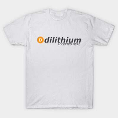 White cotton T-shirt with "dilithium accepted here" text, casual style, unisex, comfortable for everyday wear.
