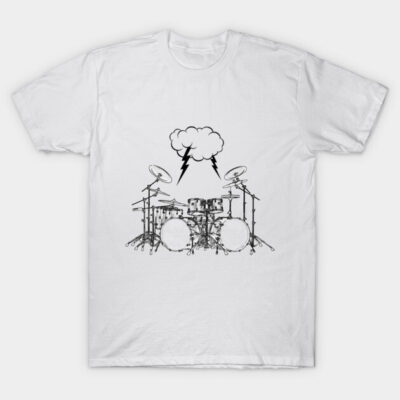 White t-shirt featuring a black drum set and lightning cloud graphic, casual cotton tee for music lovers.