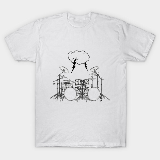 White t-shirt featuring a black drum set and lightning cloud graphic, casual cotton tee for music lovers.